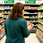 **

A confused shopper overwhelmed by the many labels and certifications on product packaging in a French supermarket. Focus on the "bio," "commerce équitable," and "origine France garantie" logos.

**