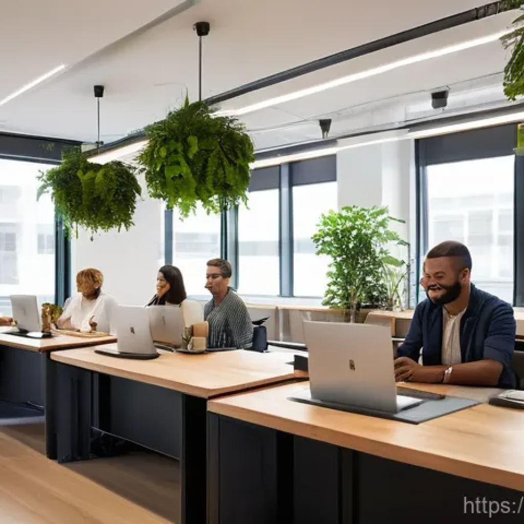 사회적 책임 경영과 인사 관리의 접점 - **Prompt:** A bright and modern open-plan office designed with sustainable elements. Large windows a...