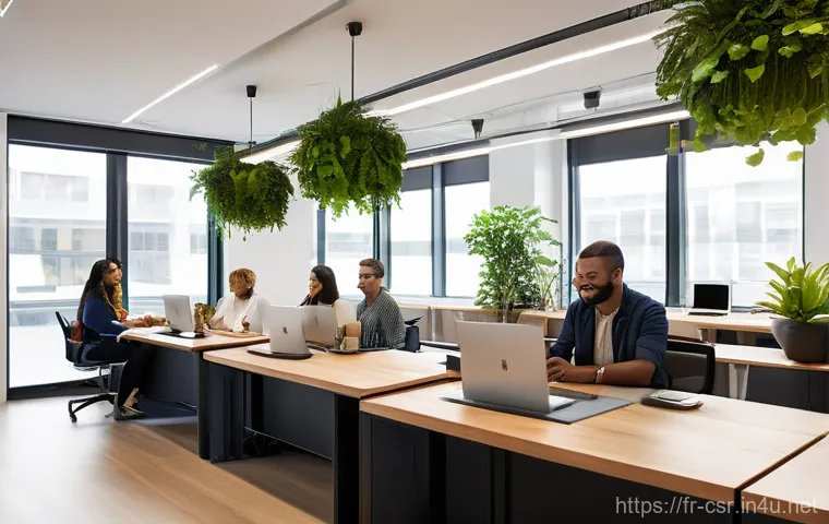 사회적 책임 경영과 인사 관리의 접점 - **Prompt:** A bright and modern open-plan office designed with sustainable elements. Large windows a...