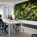 사회적 책임 경영 취업 성공 스토리 - A modern French office environment with diverse professionals engaged in a collaborative sustainabil...