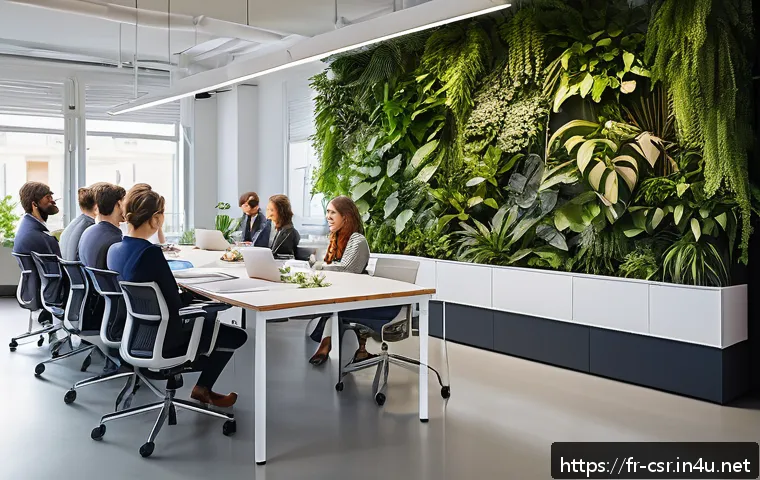 사회적 책임 경영 취업 성공 스토리 - A modern French office environment with diverse professionals engaged in a collaborative sustainabil...