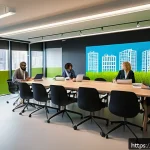 사회적 책임 경영 전문가로 성장하기 위한 조언 - A modern European corporate office setting where diverse employees engage in a collaborative worksho...
