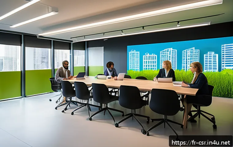 사회적 책임 경영 전문가로 성장하기 위한 조언 - A modern European corporate office setting where diverse employees engage in a collaborative worksho...
