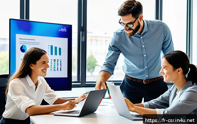 사회적 책임 경영과 기업의 사회적 가치 창출 - A modern corporate office scene showing a diverse group of professional employees actively engaged i...
