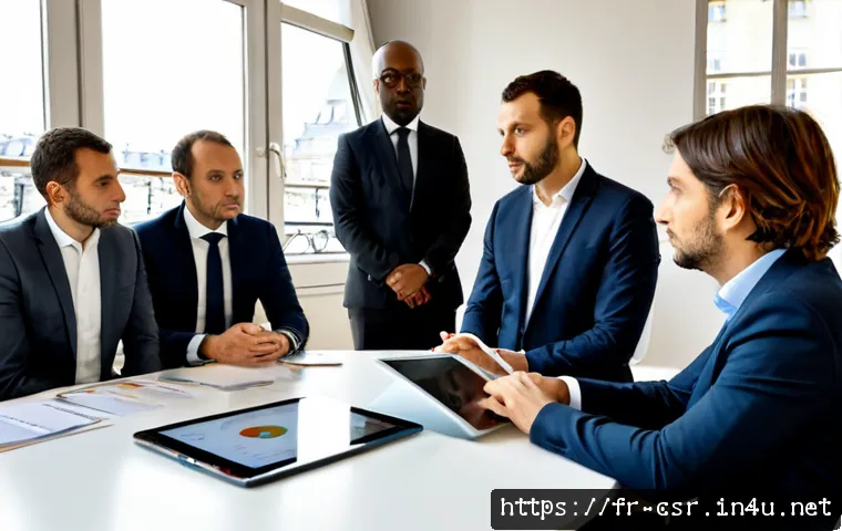 사회적 책임 경영에서의 커뮤니케이션 스킬 - Photorealistic corporate roundtable in a modern Paris office, diverse French business leaders and co...